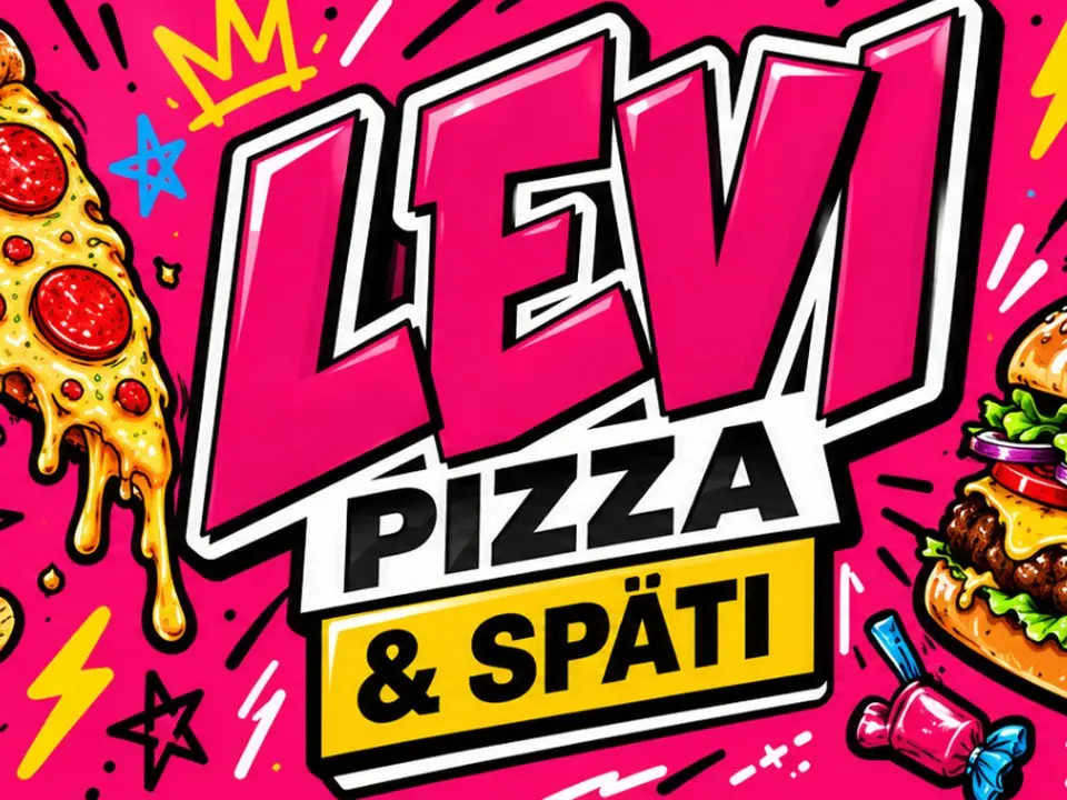 Levi Pizza & Späti Schriftzug mit Pizzastück