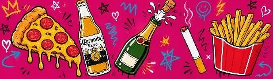 Levi Motiv mit Pizza, Bier, Sekt und Pommes