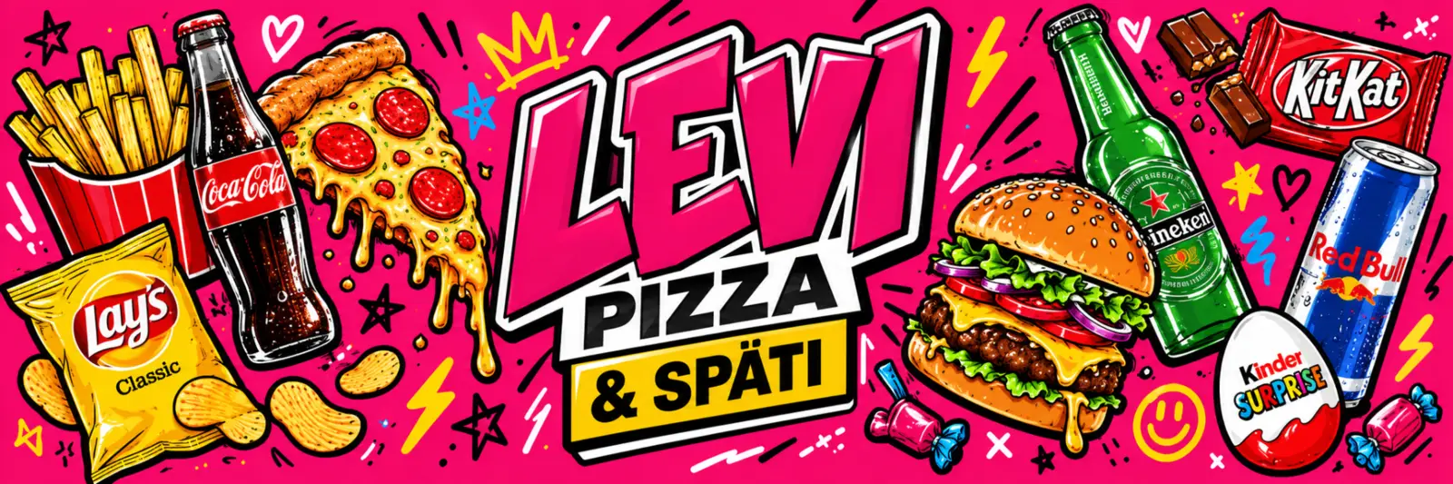 Levi Pizza & Späti Leipzig-Gohlis – Banner mit Pizza, Getränken, Snacks und Burger